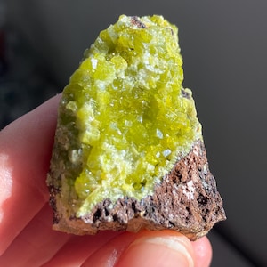 May include: A vibrant, raw mineral specimen featuring a striking combination of colors and textures. The top portion showcases a bright, crystalline, chartreuse hue, while the base displays a contrasting, earthy brown. The mineral is held in a hand.