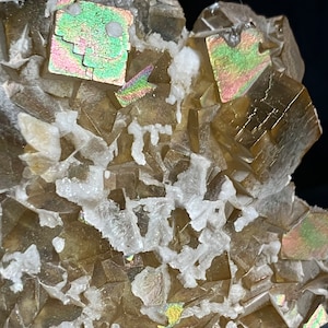 May include: A cluster of iridescent brown fluorite crystals with a white mineral matrix. The crystals have a cubic shape and are translucent.