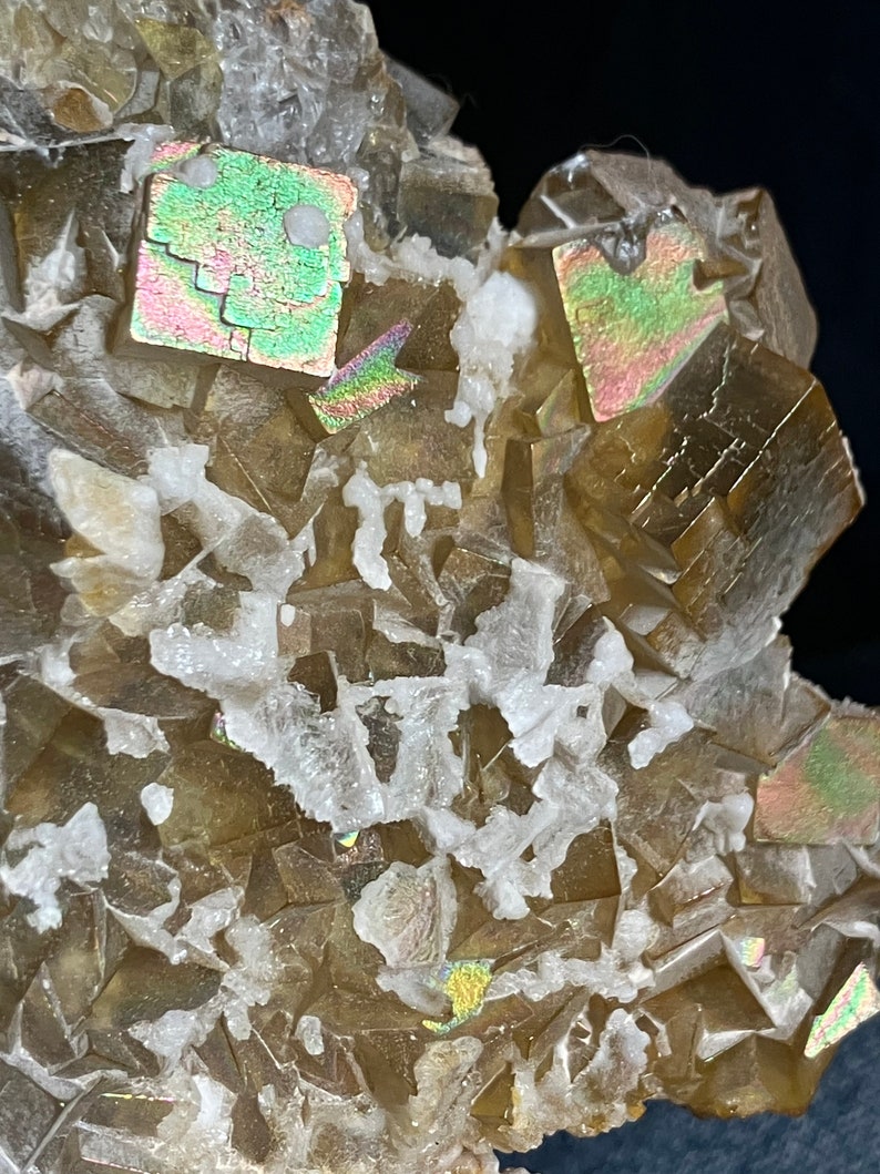 May include: A cluster of iridescent brown fluorite crystals with a white mineral matrix. The crystals have a cubic shape and are translucent.