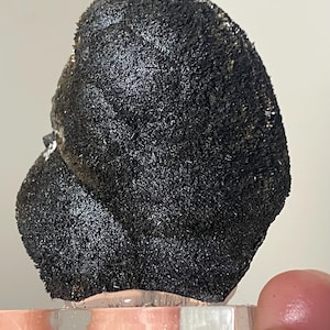 May include: A dark, textured mineral specimen, primarily black in color, with a crystalline appearance. The mineral sits on a clear, rectangular base. The surface of the mineral has a rough, almost spiky texture, catching the light.