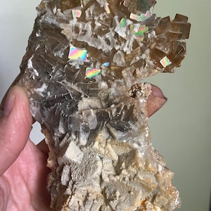 May include: A cluster of iridescent brown fluorite crystals on a matrix of white and brown rock. The crystals have a cubic shape and are translucent.