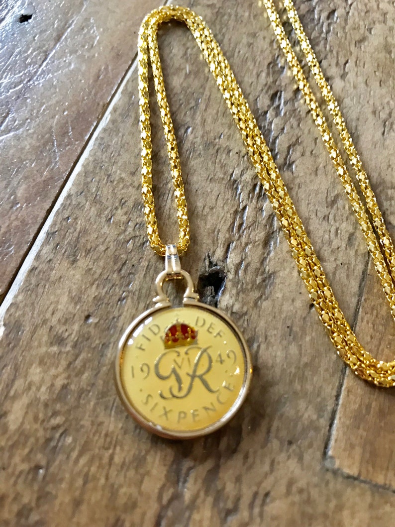 Beautiful 1949 Enamel Lucky Sixpence Coin Pendant and Necklace 70th Birthday Gift Gift for mom or Nan