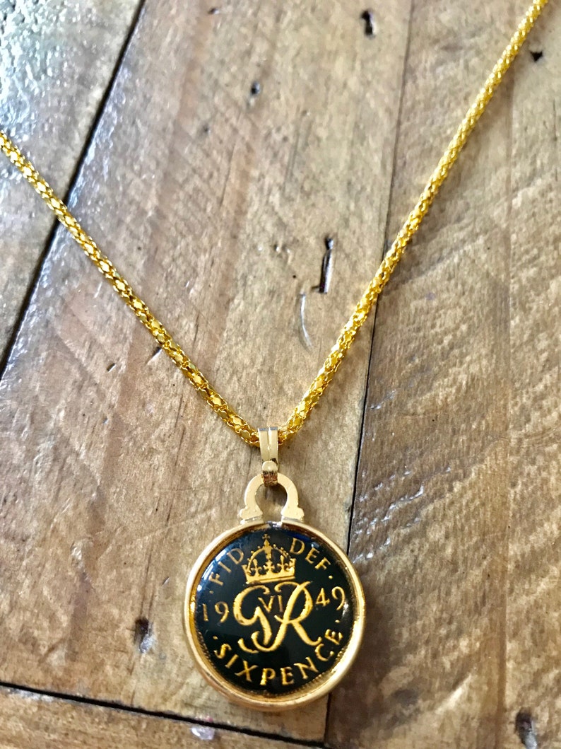Beautiful 1949 Enamel Lucky Sixpence Coin Pendant and Necklace 70th Birthday Gift Gift for mom or Nan
