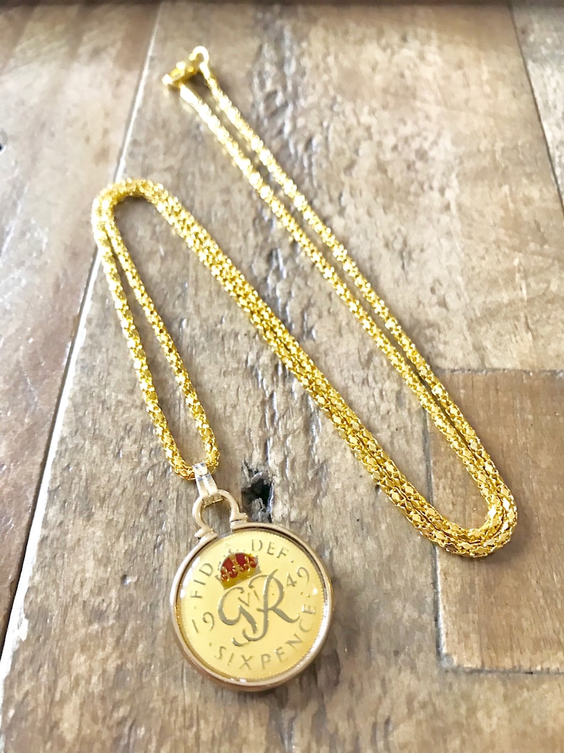 Beautiful 1949 Enamel Lucky Sixpence Coin Pendant and Necklace 70th Birthday Gift Gift for mom or Nan