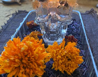 Portable Ancestor Altar - Skull Tea Light, Glass Try, Marigolds, Doily