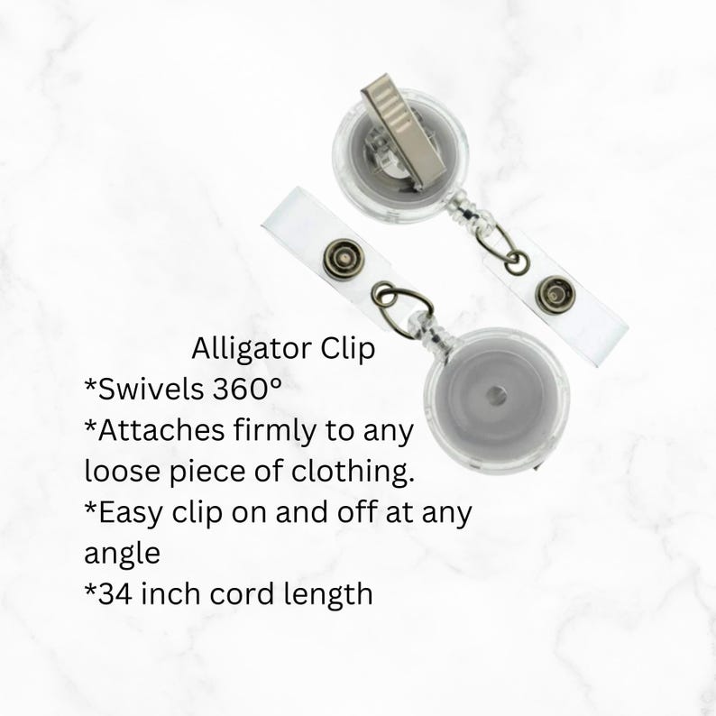 May include: A clear retractable badge holder with a silver alligator clip. The holder has a 34 inch cord and swivels 360 degrees.