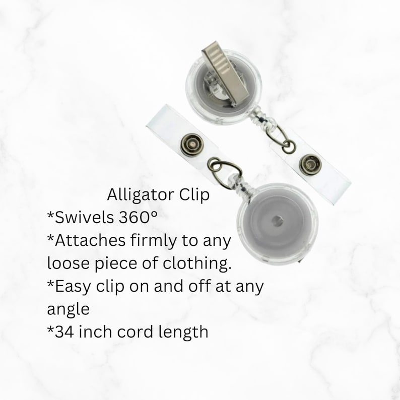 May include: A clear retractable badge holder with a silver alligator clip. The holder has a 34 inch cord and swivels 360 degrees.
