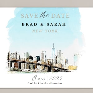 New York City Save The Date, Destination New York, Wedding Announcement, Watercolor, Invitation, Postcard, Brooklyn Bridge , Template