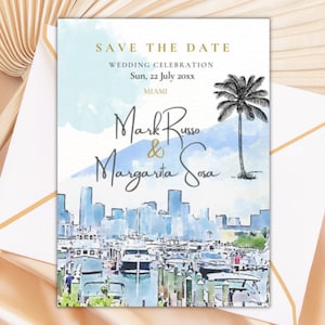 Save The Date, Miami, Wedding Announcement, Miami Skyline, Watercolor Miami, Florida Invitation, Miami Destination, Template