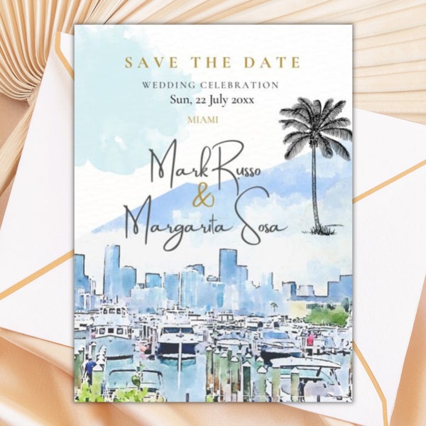 Save The Date, Miami, Wedding Announcement, Miami Skyline, Watercolor Miami, Florida Invitation, Miami Destination, Template