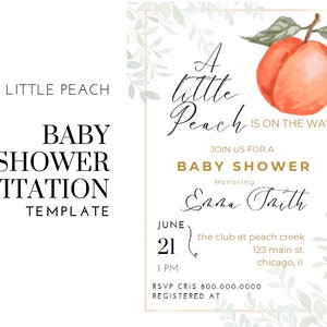 Peach Baby Shower Invitations, Little Peach is on the Way, A Little Peach Baby Shower, Baby Shower Invitations, Sweet Peach Template, Peach