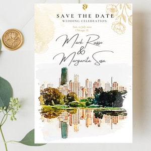Guardar la fecha, destino Chicago, anuncio de boda, horizonte de Chicago, acuarela Chicago, invitación de la ciudad ventosa, boceto de Chicago