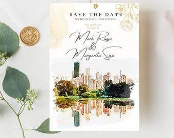 Save The Date, Destination Chicago, Wedding Announcement, Chicago Skyline, Watercolor Chicago, Windy City Invitation, Chicago Sketch