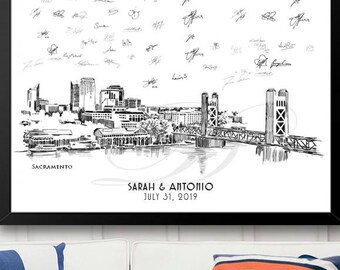 Sacramento Skyline Guestbook Print, Guest Book, Bridal Shower, Wedding, Custom, Alternative, Baby Shower, Family Reunion FREE PEN