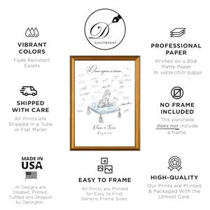 May include: A framed print with a gold border featuring a Cinderella-themed design. The artwork includes a glass slipper on a pillow, signatures, and the text "Once upon a time...". The print is labeled "Guestbooks" and "Made in USA."