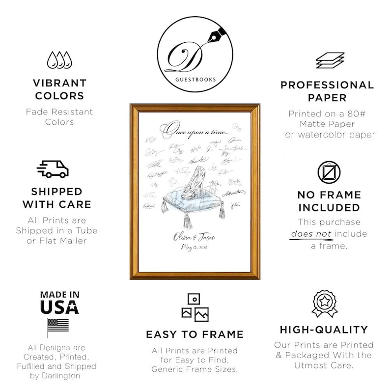 May include: A framed print with a gold border featuring a Cinderella-themed design. The artwork includes a glass slipper on a pillow, signatures, and the text "Once upon a time...". The print is labeled "Guestbooks" and "Made in USA."