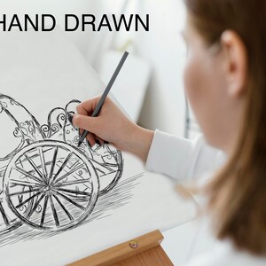 May include: A hand-drawn sketch of a horse-drawn carriage with ornate details, including spoked wheels and decorative scrollwork. The text "HAND DRAWN" is at the top. The artist is using a pencil to add details to the drawing.