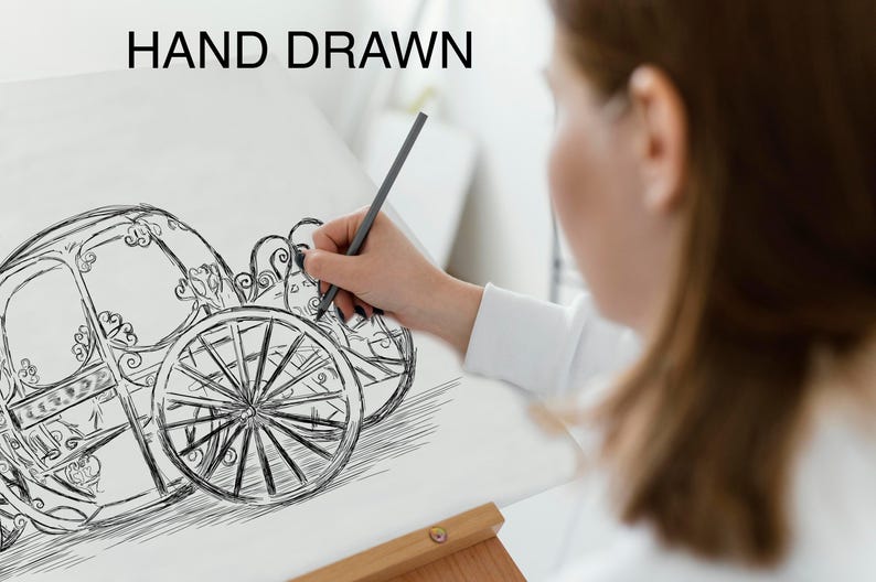 May include: A hand-drawn sketch of a horse-drawn carriage with ornate details, including spoked wheels and decorative scrollwork. The text "HAND DRAWN" is at the top. The artist is using a pencil to add details to the drawing.