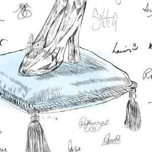 May include: An illustration of a high-heeled shoe with a butterfly accent, resting on a light blue pillow with a decorative rope trim and tassels. The background is white with handwritten signatures.