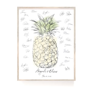 May include: A white background with a hand-drawn illustration of a pineapple in black and green. The pineapple is surrounded by handwritten names and the text "Abigail's & Oliver" and "June 17, 2026".