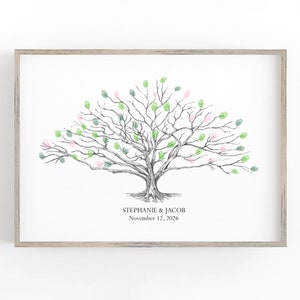 May include: A black and white drawing of a tree with green and pink leaves. The text "STEPHANIE & JACOB" and "November 12, 2026" is below the tree.