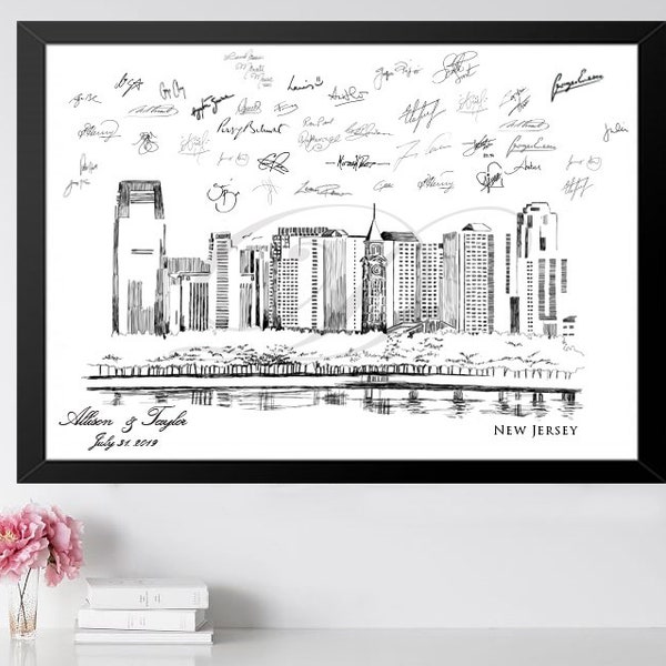 New Jersey Skyline Wedding Guest Book Alternative Print, NJ Skyline, Wedding Guestbook, Bridal Shower, NJ Wedding, Guestbook, Sign-in