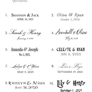 May include: A white background displays a "Font Selection" guide for "Darlington Guestbooks." Ten examples showcase names and dates in various fonts. The names are in different styles, with dates like April 16, 2021, and July 31, 2026.