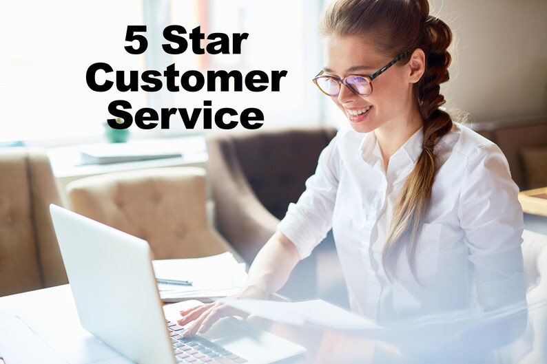 May include: A woman wearing glasses and a white button-down shirt smiles while working on a laptop. The text "5 Star Customer Service" is displayed in bold black letters above the laptop.