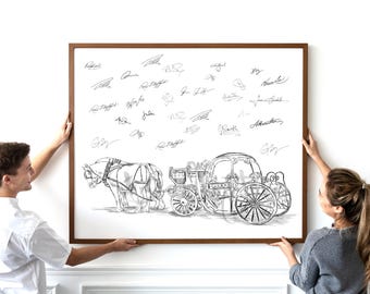 May include: A black and white drawing of a horse-drawn carriage with a couple signing their names on the white frame around the drawing.
