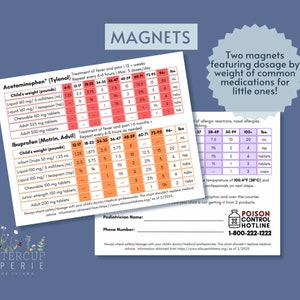 May include: Two magnets with dosage information for common medications. One chart lists acetaminophen (Tylenol) dosages by weight in pounds. The other chart lists ibuprofen (Motrin, Advil) dosages. Includes a poison control hotline number.