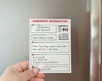 Notfall Kontakt Informationen Kühlschrank-Magnet | • Kurzanleitung für Notrufnummern für Babysitter, Kindermädchen, Pflegekraft und Großeltern