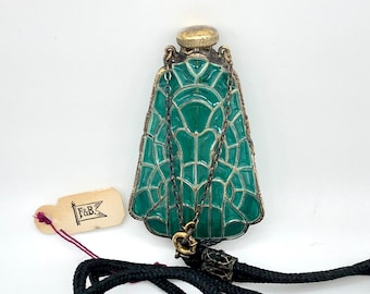 Vintage Foster and Bailey (F&B) Plique a Jour Perfume Bottle Pendant Necklace, Art Deco and Art Nouveau, Jade Green, Large