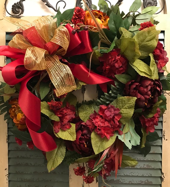 Floral Wreath Front Door Wreath Deep Red And Bronze Florals Variegated Ficus Leaves Throughout Red And Gold Ribbons Large Bow