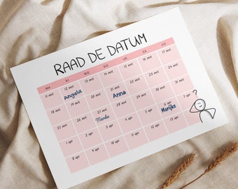 Babyshower spel: raad de datum Nederlands roze