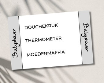 Babyshower 30 seconden raadspel 50 kaartjes Nederlands print PDF zwart-wit
