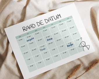 Babyshower spel: raad de datum Nederlands groen