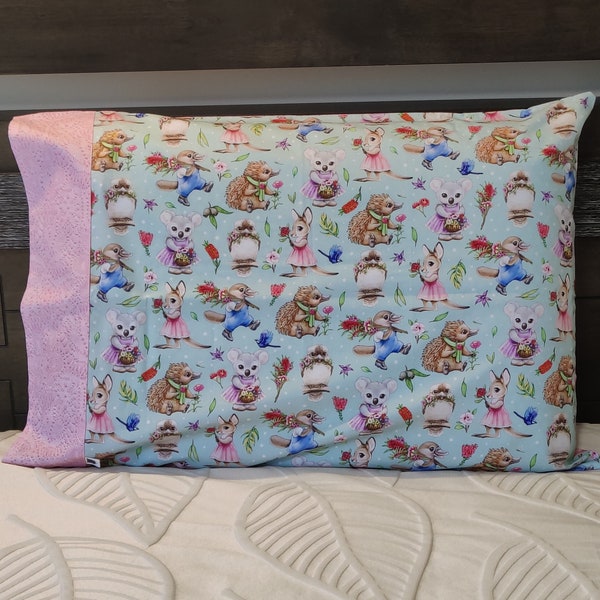 Aussie Animals Pillowcase with Pink Lace Trim & back - Pillow, child, kid, adult, echidna, kangaroo, platypus, Koala, Kookaburra, Flower