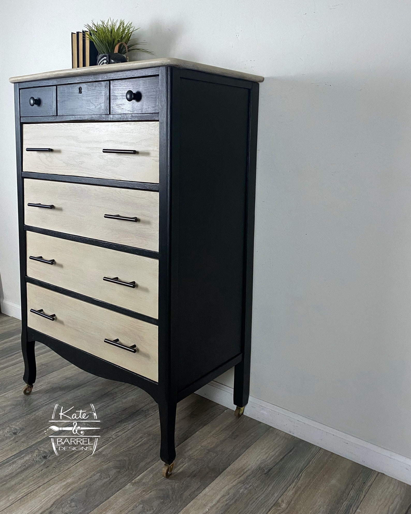 Vintage Solid Oak Tall Dresser Black Blonde Modern Etsy