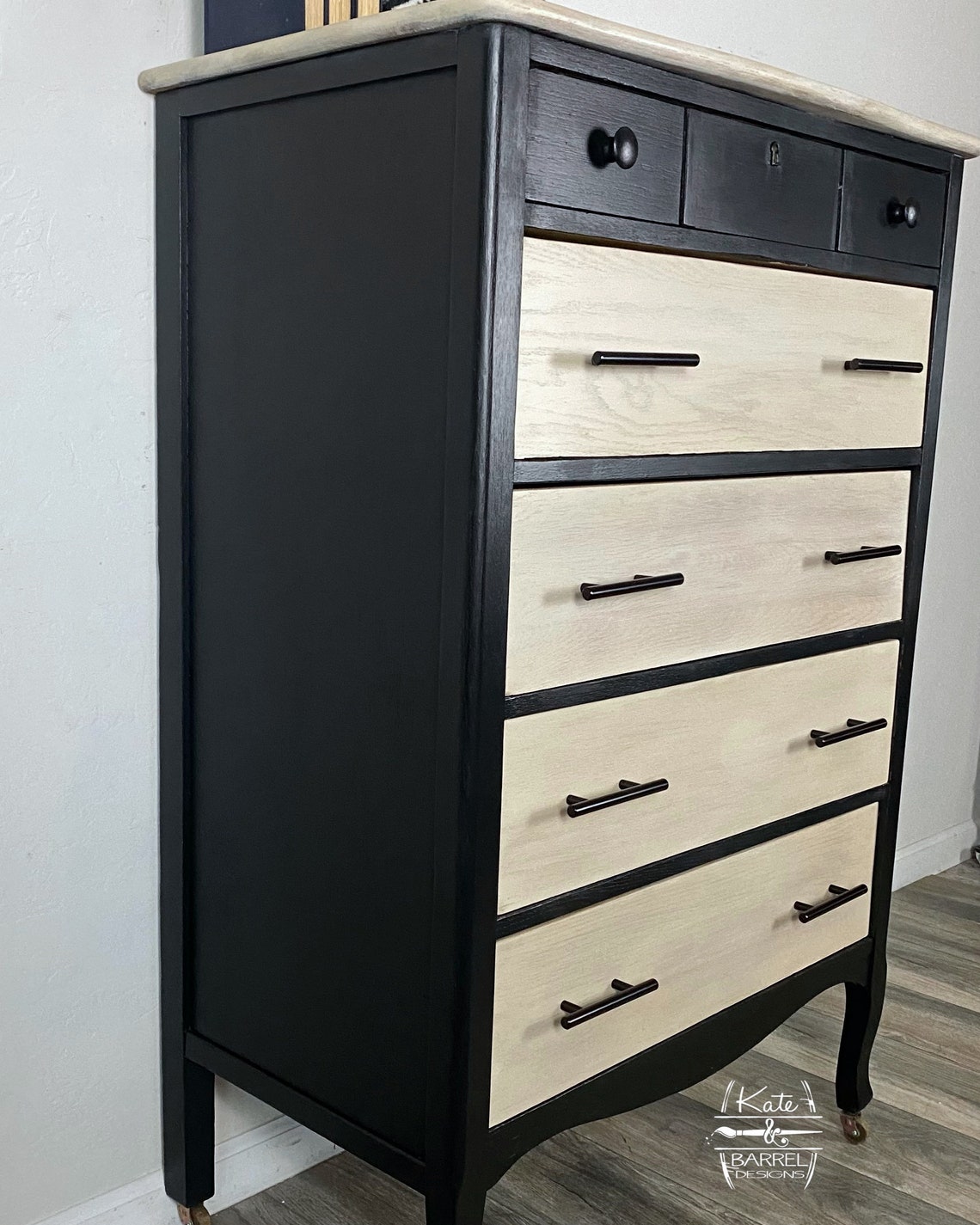 Vintage Solid Oak Tall Dresser Black Blonde Modern Etsy