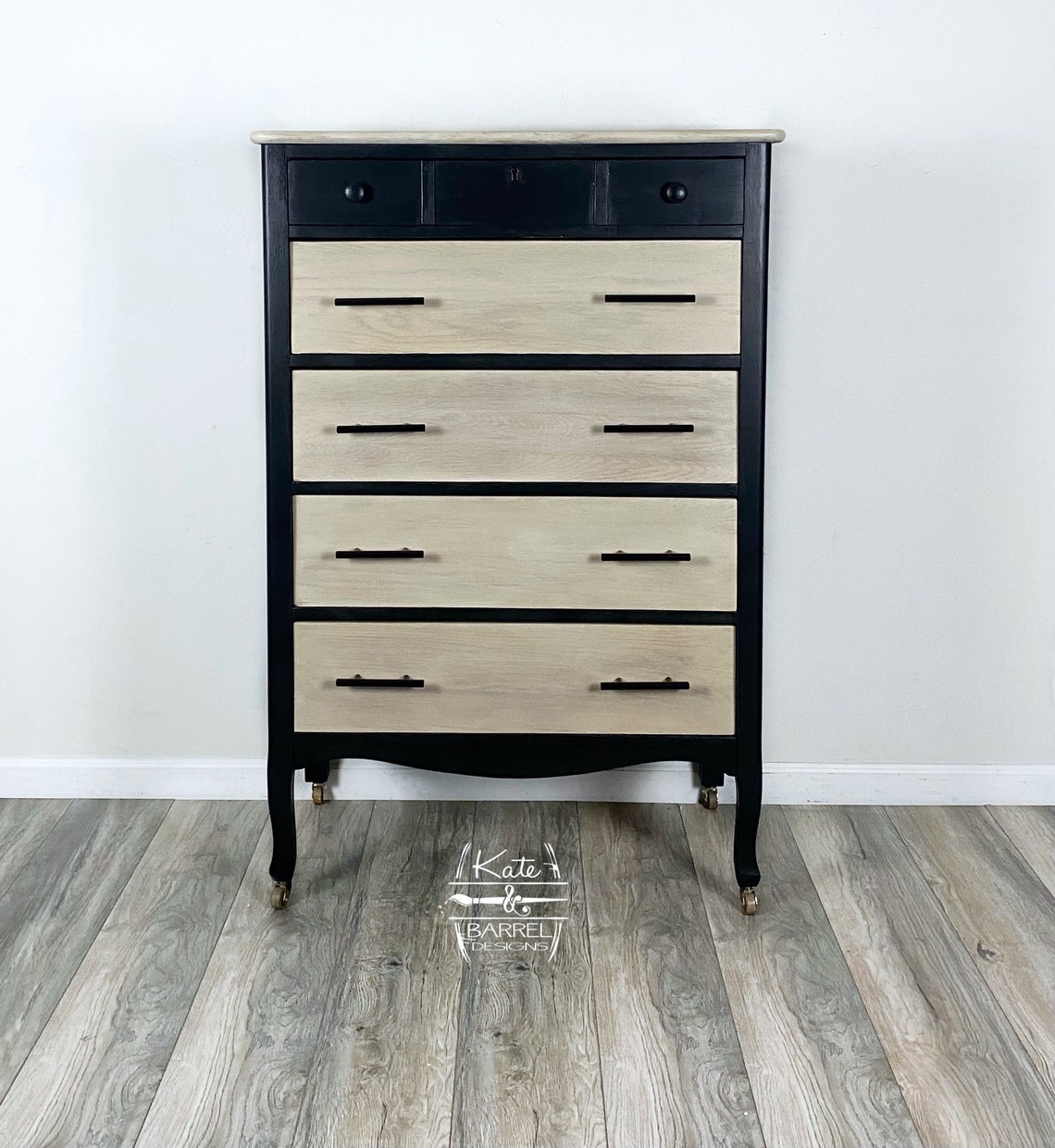 Vintage Solid Oak Tall Dresser Black Blonde Modern Etsy