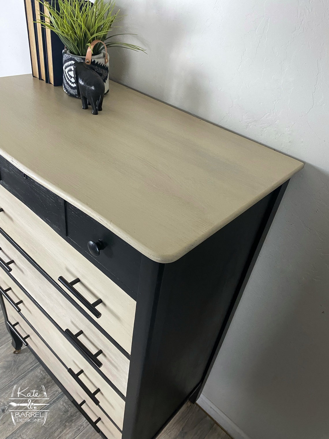 Vintage Solid Oak Tall Dresser Black Blonde Modern Etsy