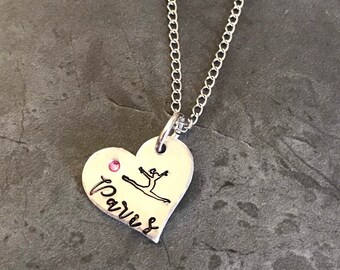 Heart shaped Girls name gymnastics hand stamped necklace 180 degree split leap
