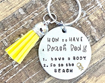 Hand Stamped Beach Body Keychain: Funny Aluminum Keyring with Tassel