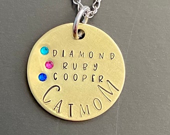 Personalized Pet Mom Necklace: Hand Stamped Brass Disc with Swarovski Crystals