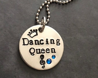 Dancing Queen mamma mia musical hand stamped necklace jewelry