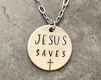 Jesus Saves christian hand stamped necklace