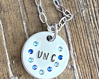 UNC Chapel Hill college necklace with Swarovski crystals.