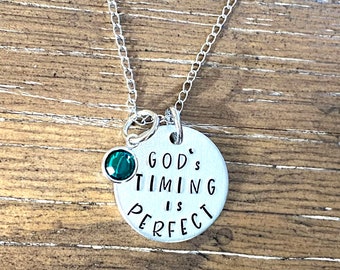 Hand Stamped Aluminum Necklace: God's Timing, Swarovski Charm