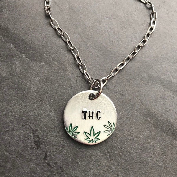 THC Hemp leaf metal stamped necklace CBD jewelry