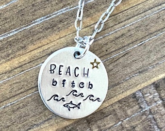 Beach b*tch hand stamped necklace with shark and star